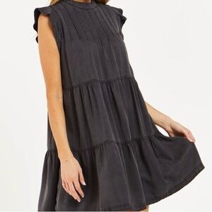 Anthropologie Elegant Tiered Ruffle Black Chambray Grey Dress size S